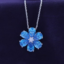 THE JEWEL ZONE Simulated London Blue Topaz & White Sapphire CZ Flower Pendant Necklace in 14k White Gold Over Sterling Silver