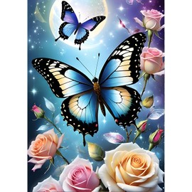 QINRUBB DIY Butterfly Diamond Painting Adults, 5D Flowers Diamond Painting Pictures Beginners, Fantasy Round Full Drill Diamond Painting Embroidery Cross Stitch Gifts Home Wall Decor 30 x 40 cm