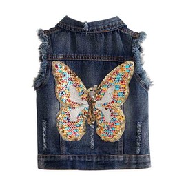 Mud Kingdom Toddler Girl Denim Vest Jacket Sparkly Butterfly Sequin 3T Dark Blue
