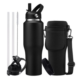 32oz Insulated Water Bottle Tumbler with Straw - Auto Spout Lid, Protective Boot, Carrier Pouch, Vacuum Stainless Steel Water Bottles Leak-Proof, Skinny Thermo Mug Flask Fit in Car Bike Cup Holder