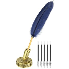 PATIKIL Feather Ballpoint Pens Bulk, Metal Holder Black Ink Vintage Quill Writing Pens with 5Pcs Refill for Office Wedding Signature, Blue