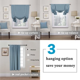 H.VERSAILTEX Thermal Insulated Blackout Adjustable Tie Up Shade Curtain(Rod Pocket)-42" Wide by 63" Long-Solid in Stone Blue(1 Panel)