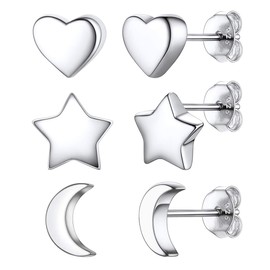 ChicSilver 925 Sterling Silver Heart/Star/Moon Stud Earrings for Women 3 Pairs Tiny Studs Earring Set