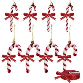 8 Pcs Candy Cane Christmas Decorations with 10 Yard Ribbon, Christmas Glitter Candy Cane Christmas Decorations Christmas Tree Hanging Ornaments for Xmas Tree Party Home Decorations (Red)