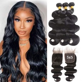 ZGGTL 12A Body Wave Bundles Human Hair with Closure (16 18 20+5x5 Lace Closure 14Inch) 100% Brazilian Weave Bundles Human Hair Extensions Bundles with Closure human hair Natural Color