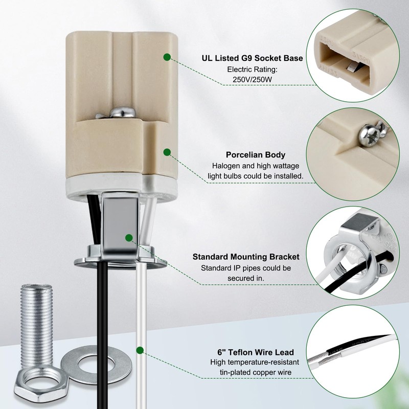 G9 Socket,Ceramic G9 Bulb Lamp Holder,G9 Bi-Pin Light Socket with