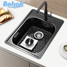 BEHOK 2 Pack Silicone Sink Protector for Kitchen Sink, 13.58" x 11.6" Heat-resistant Sink Mat Non-Slip and Durable Silicone Protectors, Rear Drain, Black