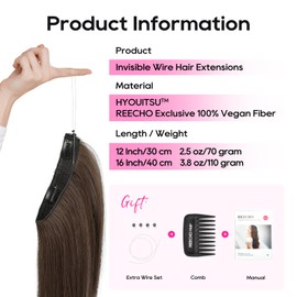 REECHO 16" Invisible Wire Hair Extensions with Thinner Softer Lace Weft Adjustable Size Removable Secure Clips in Short Straight Secret Hairpiece for Women - Chocolate Brown