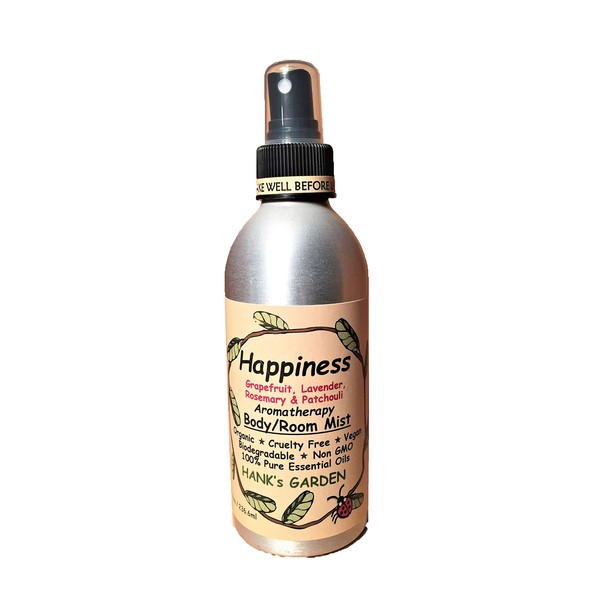 Happiness Aromatherapy Body Room Mist Spray - Lavender, Grapefruit, Rosemary, Patchouli - 100% Pure Essential Oils, Vegan, Organic, Non GMO (8 oz)