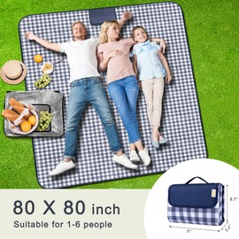 SAMSIER Outdoor Picnic Blankets Waterproof Foldable, Large Beach Blanket Sandproof, Gingham Picnic Mat Cute Washable Portable (Navy Blue, 80"×80")