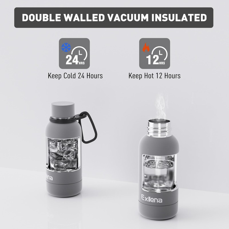 Exllena Small Water Bottle 12oz with Clip, Double Wall Stainless