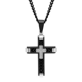 Diamond Two Tone Black Stainless Steel Arrow Cross Pendant Necklace - 24”