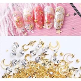 Moon and Star Rivet Glitter Nail Studs Metal Decoration Starry Sky Design Nail Supply Metallic Studs Night Sky Starry Star and Moon 3D Nail Decals/Ornaments for Nails Art (2.5g)