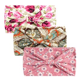 scicent Pack of 3 Headbands, Boho Bow Bandana, Knot Headwear, Retro Flower Printed Elastic Hair Band for Girls and Women, 13628