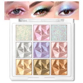 Noerrors Glitter Eyeshadow Palette 9 Colours Multichrome Eyeshadow Shimmer Holographic Inner Corner Face Highlighter Cream Powder Sparkling Durable Shiny Makeup