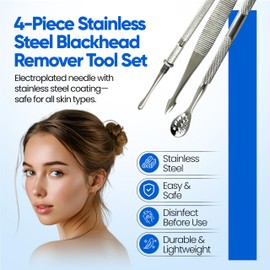 Blackhead Remover Extractor Pimple Popper Tools - Comedone Acne Zit Cleaner Kit for Nose Facial Pore Press Tool for Face Blemish Whitehead Popping Extractors, Stainless Steel 4 Pc Set by Krisp Beauty