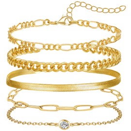 GWAWG 5Pcs Gold Bracelet Set for Women, 14K Gold Plated Adjustable Stacking Bracelets Rope Cuban Figaro Herringbone Bead Chain Bracelets CZ Gold Bracelet for Women Girls
