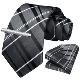 HISDERN Men's Necktie, Business Necktie, Pocket Square, Tie Clip, 3-Piece Set, Formal Necktie, Job Hunting, Graduation Ceremony, Father's Day Gift, 01 gray black (stripe)