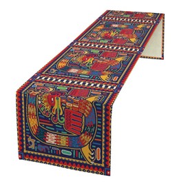 Mexican Table Runner,Cotton Linen Non-Slip Dining Table Runners Culture Pattern Colorful Artwork Abstract Snake in Vivid Folk Kitchen Decor 13x60 Inch