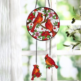 Teenyyou Christmas Cardinal Suncatcher Stained Glass Hummingbird Window Hanging Red Birds Suncatchers 6.3" Hummingbird Stained Glass Suncatchers Window Hanging for Bird Lover(Cardinal)