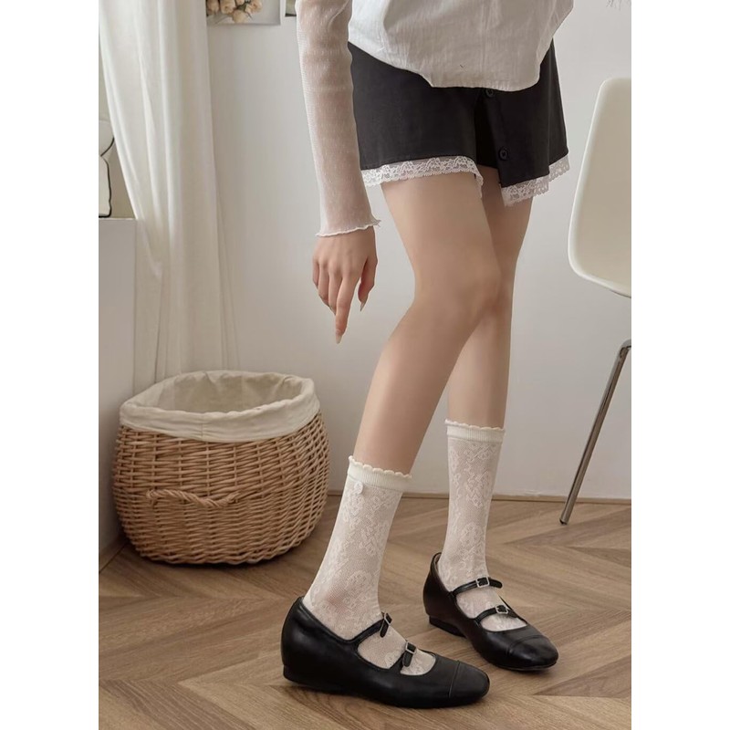 Eukkis Mesh Crew Socks, Thin Cotton Fabric, White Socks, Cute