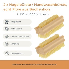2 x HOFMEISTER® Nail Brush, 9.5 cm, Hygienic Cleaning of Hands & Fingernails, Gentle on Skin, Fibre Natural Bristles, for Manicure, Pedicure & Hand Care, EU Wooden Hand Wash Brush