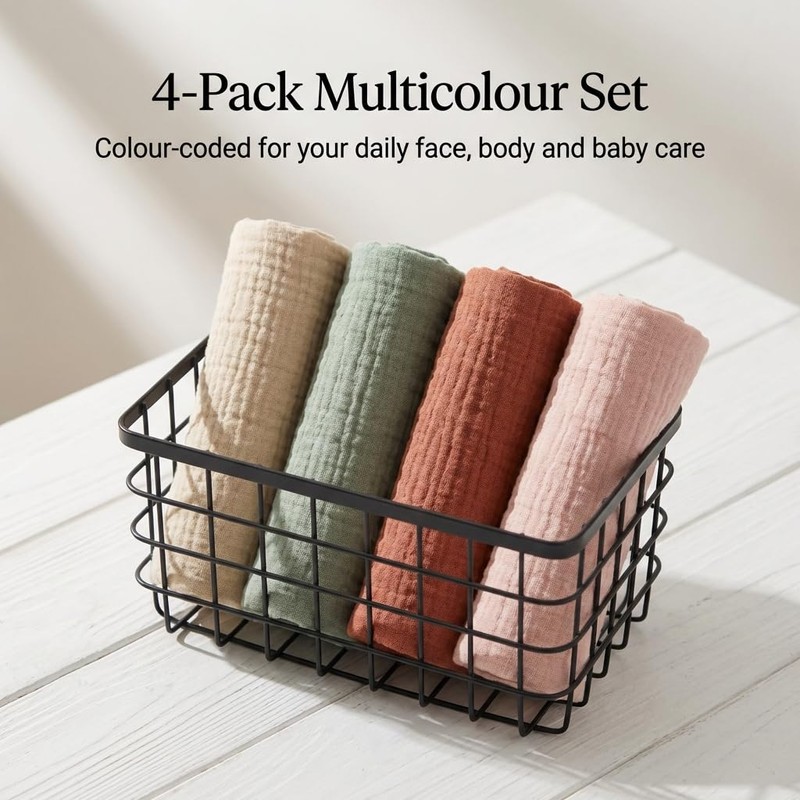 CleaZeny 4-Pack 100% Cotton Muslin Face Cloths, 4-Layer Baby Washcloths