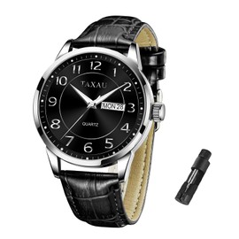 Taxau Watches Men's Waterproof Quartz Wrist Watches for Men Large Dial Men's Watch with Day - Date, 8405-Black Leather and Black