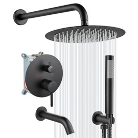 gotonovo Shower System with Tub Spout Wall Mount 3 Function Rough-in Valve Bathtub Shower Faucets Set Complete Rain 10 Inch Round Showerhead Trim Kit Combo, Cylindrical Handheld, Matte Black