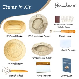 Bradoro Banneton Bread Proofing Basket Set, 10 Inch Oval & 10 Inch Round Whicker Bread Proofing Baskets with Sourdough Bread Baking Supplies, Bread Making Kit