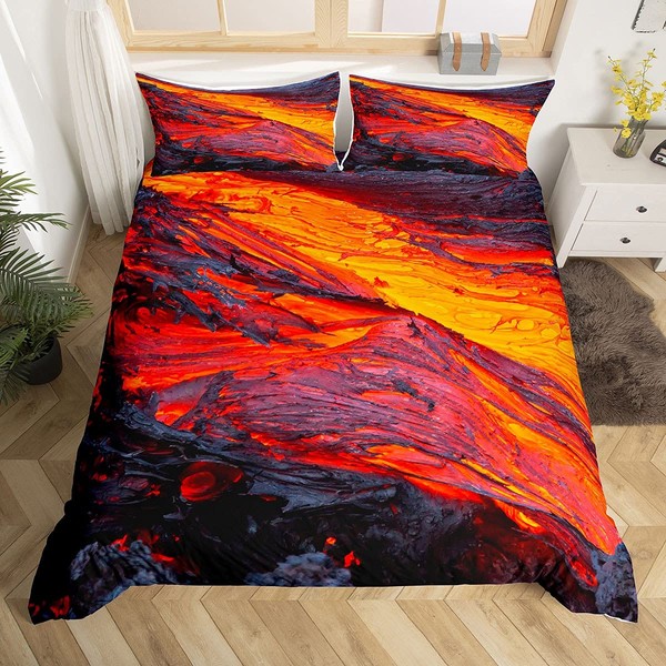 Volcano Bedding Set King 3 Pieces Disaster Printed Pattern Red Yellow Comforter Set Lava Duvet Cover For Adult Boys Men Teen Bedspread With Zipper Ties 1 Duvet Cover +2 Pillowcases, No Comforter
