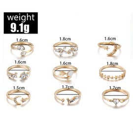 9pcs Gold Stackable Boho Rings Sets for Women,Retro Adjustable Rhinestone Split Rings Set,Fashion Cute Star Moon Rings Set for Gifts (Gold)
