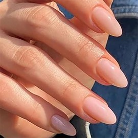 BAOYAALIN Solid Nude Press on Nails Medium Almond Shaped Fake Nails with Simple Solid Nude Design Full Cover Press ons Artificial Acrylic False Stick on Nail for Women Manicure 24Pcs