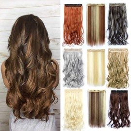 24" Hair Extensions 1 Piece 5 Clips 3/4 Full Head Long Straight Curly Hairpieces Blonde Black Brown Silver Grey Red (Light Brown with Bleach Blonde-Curly, Curly)