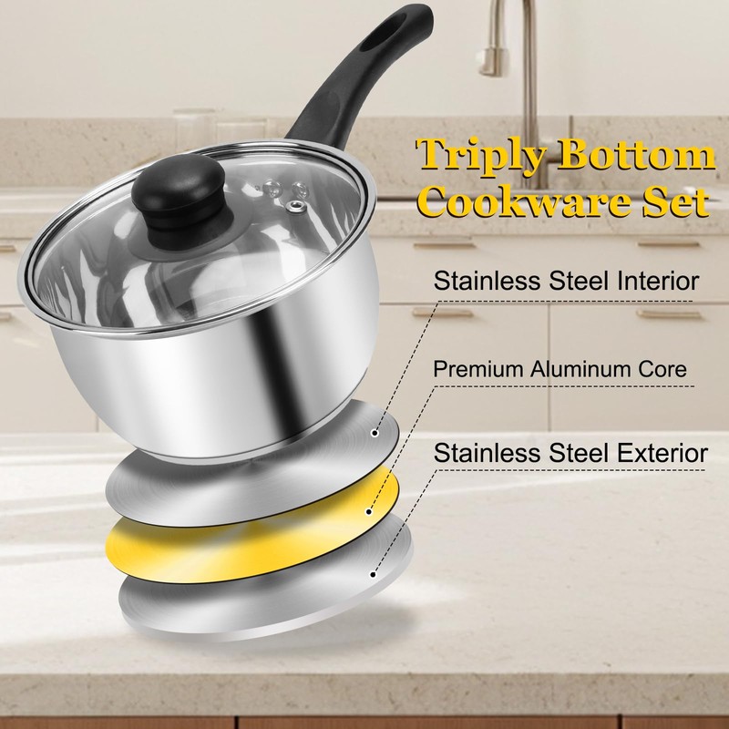 3pcs Stainless Steel Saucepan Set, Kitchen 1QT & 2QT &