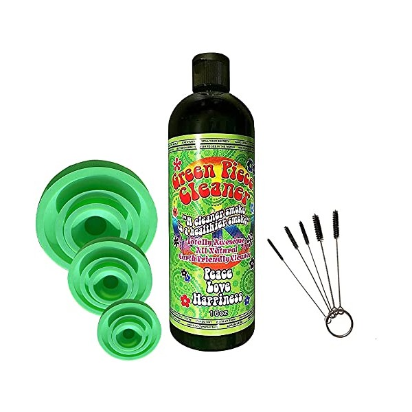 Green Piece Glass Cleaner -16 oz bottle with Set of 3 Silicone Plugs for scent proofing and cleaning and a 5 Piece Mini Metal Nylon Cleaning Brush