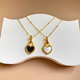 100% Waterproof, Non Tarnish, Black & White Heart Pendant Necklace with Locket, PVD 18K Gold Plated, Hypoallergenic