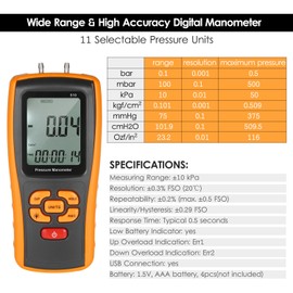 Precision Digital Manometer ±10 kPa Air Pressure Meter Differential Pressure Gauge Micromanometer for Gas Valves Pressure Switches Vacuum HVAC System Furnace Boiler Water Heater Air Conditioning Clean Room