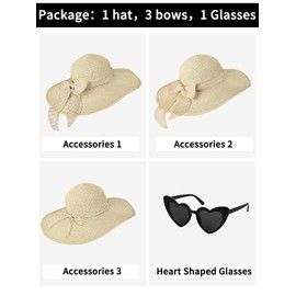 Sun Hats for Women, Wide Brim Floppy Beach Straw Hat for Summer Travel Vacation Foldable with Heart Shaped Sunglasses UPF 50+ Beige