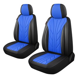 CAROMOP Luxury Faux Leather&Fabric Car Seat Covers 2 Front Seats with Breathable 3D Foam Back Support, Universal Seat Covers for Cars,Trucks,SUVs, Front Armrests Compatible(Black/Blue)