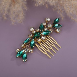 Teyglen Green Rhinestone Bridal Side Comb Crystal Bride Wedding Hair Comb Sparkly Hair Accessories Rhinestone Headpiece for Women Hair Piece (Green)