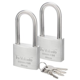 Fu Volante Stainless Steel Pin Tumbler Padlock, 304 Marine Series, Weatherproof Padlock for Outdoor use, 1-1/2 inch Wide Body, Keyed Alike Locks- Stainless Steel Body & Long Shackle-2 Pack