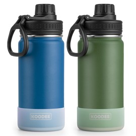 koodee Water Bottle 2 Pack 16 oz Stainless Steel Vacuum Insulated Water Bottle Wide Mouth Sports Flask with Leakproof Spout Lid (Navy and Grass Green)