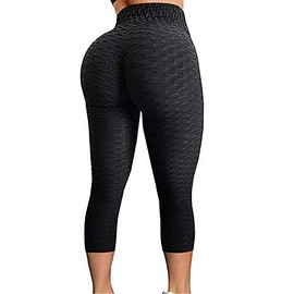 FITTOO Women's Textured Booty Scrunch Capri Leggings Ruched Yoga Pants Butt Lifting Workout Tights Black M