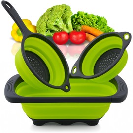 3PCS Green Foldable Kitchen Strainer Set – Silicone Colander Collapsible Strainers and Colanders Green Collander for Kitchen Collapsible Compact Drain Tools for Cooking Prep
