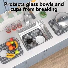 Kitchen Sink Mats, TOOVEM 2PCS Non-Slip Heat Resistant Silicone Sink Protector Mat for Bottom of Stainless Steel Porcelain Sink, Folding Farmhouse Rear Drain Sink Mats, Side Drain