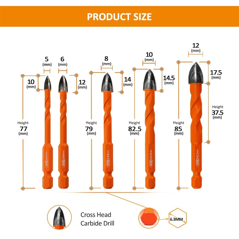 BGTEC Diamond Cemented Carbide Drill Bits Masonry Drill Bits, 5pcs