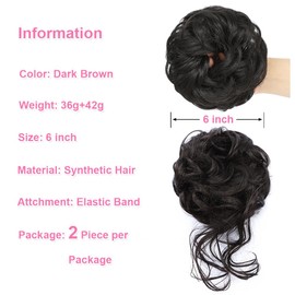 YOLANFAIRY 2PCS Messy Bun Hair Piece Wavy Curly Tousled Updo Hair Buns Synthetic Chignon Elastic Hair Band Fake Bun Hair Pieces for Women (Dark Brown, 2PCS Diverse)