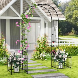 Moccha Garden Arbor with Planters - 86'' Metal Arbor Trellis for Climbing Plants, Ivy, Vines, Outdoor Archway Pergola with 8 Ground Stakes, Garden Arch for Wedding Ceremony Decoration Lawn Patio