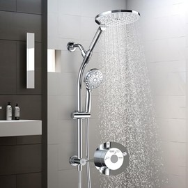 Combo de cabezal de ducha de 3 vías de alta presión con barra deslizante ajustable de acero inoxidable sin taladro de 26 pulgadas, cabezal de ducha de mano de 10 modos y cabezal de ducha de lluvia de